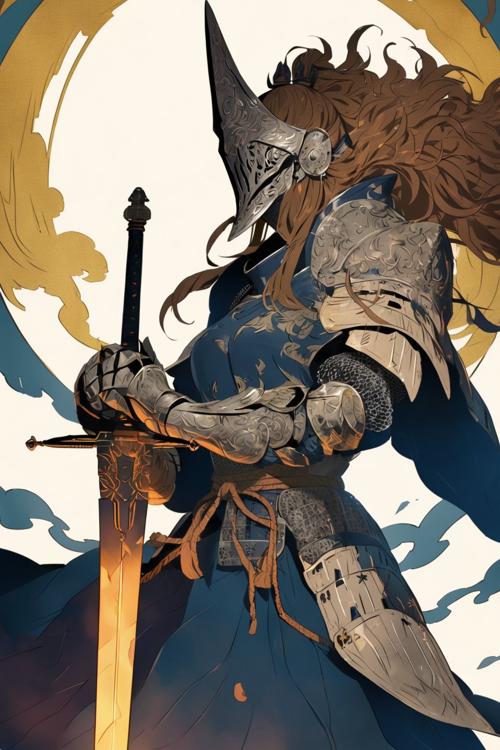 kabuki, knight, armor, 1girl, weapon, sword, helmet, solo, gauntlets, shoulder armor, long hair, holding, holding sword, holding weapon, pauldrons, brown hair, chainmail, covered face, breastplate, cowboy shot, floating hair, full armor, faulds, standing, masterpiece, best quality, aesthetic, ukiyo-e background,