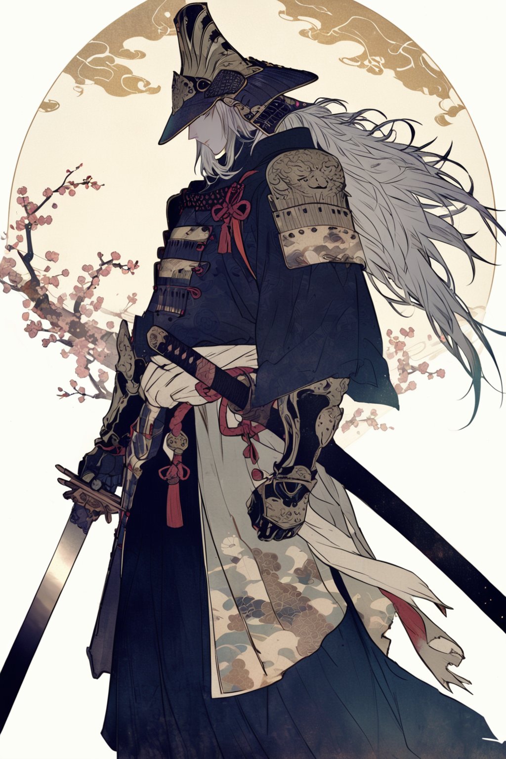 kabuki, weapon, sword, armor, long hair, solo, 1boy, holding, male focus, holding sword, japanese armor, holding weapon, shoulder armor, sheath, katana, standing, helmet, samurai, white background, tassel, flower, closed mouth, white hair, japanese clothes, masterpiece, best quality, aesthetic, ukiyo-e background,