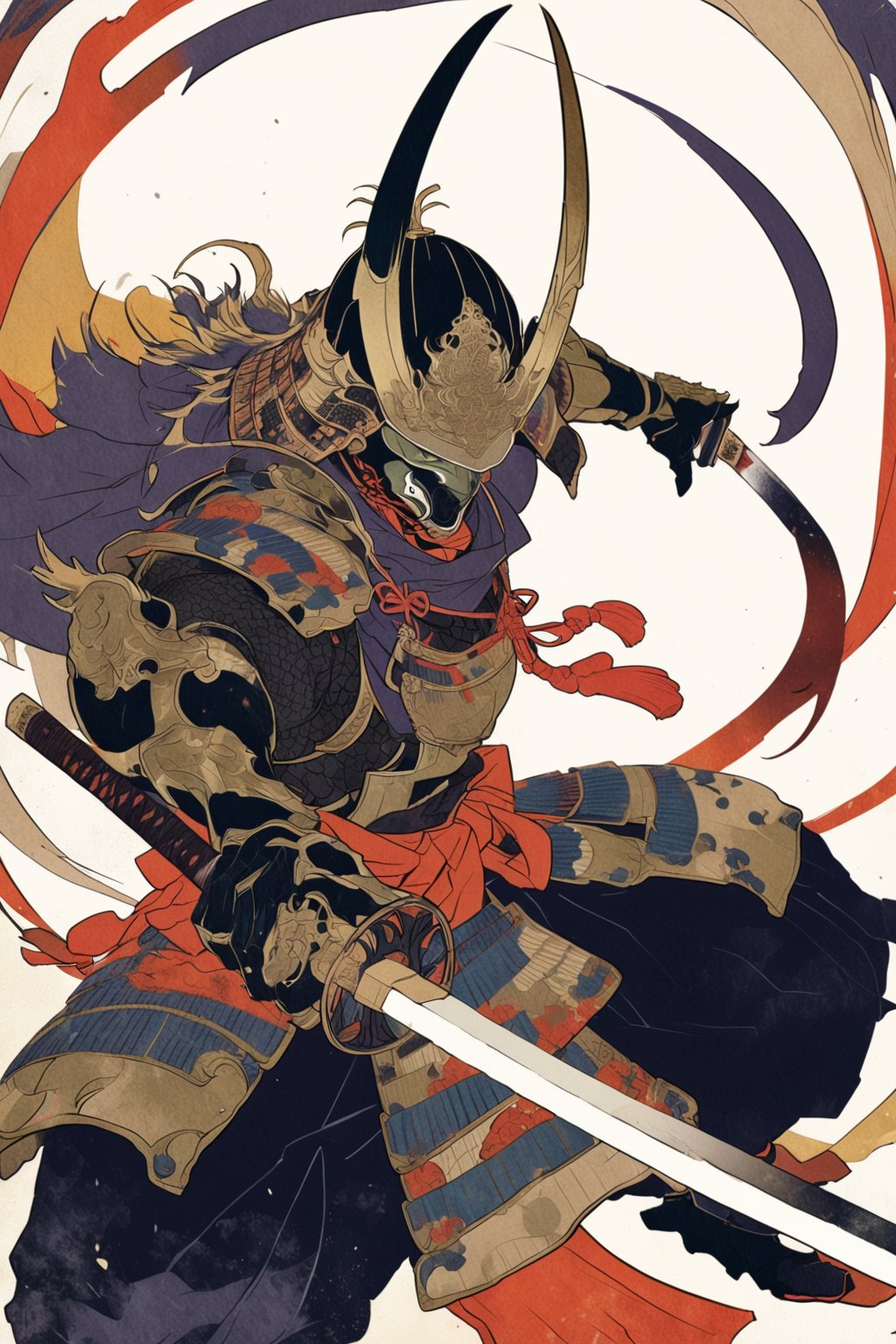 kabuki, battle stance, fighting stance, weapon, armor, sword, helmet, holding weapon, holding, holding sword, japanese armor, shoulder armor, katana, cape, kabuto (helmet), male focus, samurai, pauldrons, horns, full armor,  japanese clothes, masterpiece, best quality, aesthetic, ukiyo-e background, illustration, flat color, 2d