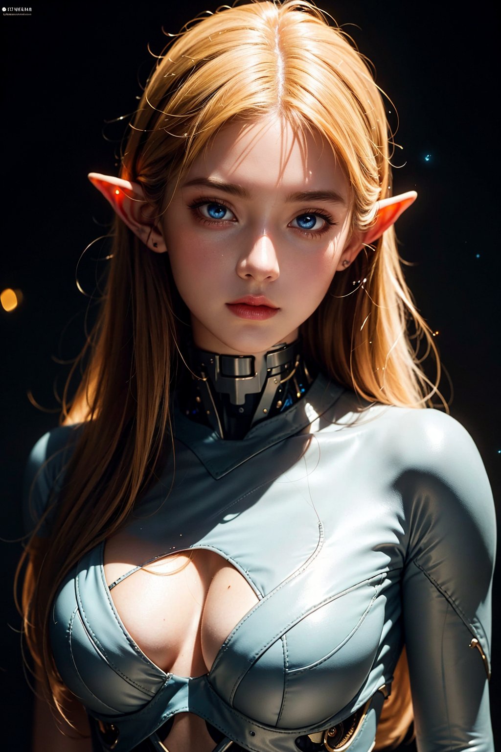 exmachina, 1girl, normal chest, look at viewer, face portrait, elf, short elf ear, silky skin,surreal photography of a stunningly beautiful, blonde hair, blue eyes, intricate detailed, glowing, highly detailed, masterpiece, light particle, colourful light particles, concept art, 8 k,1girl navia, perfect split lighting