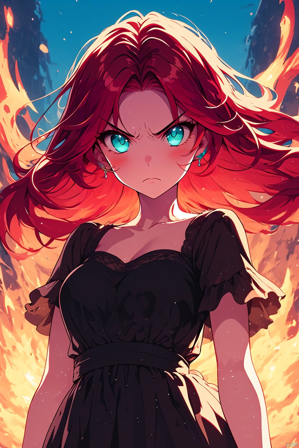  1girl, solo, red hair, long hair, dress, fire, looking at viewer, black dress, floating hair, serious, blue eyes, breasts, frown, closed mouth, v-shaped eyebrows, collarbone, short sleeves, glowing, aqua eyes,angry