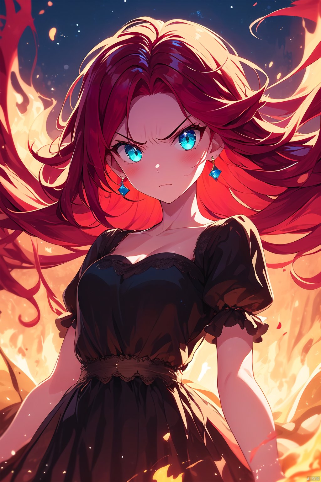  1girl, solo, long hair, dress, red hair, looking at viewer, fire, short sleeves, black dress, blue eyes, v-shaped eyebrows, closed mouth, collarbone, floating hair, jewelry, serious, frown, earrings, puffy sleeves, parted bangs