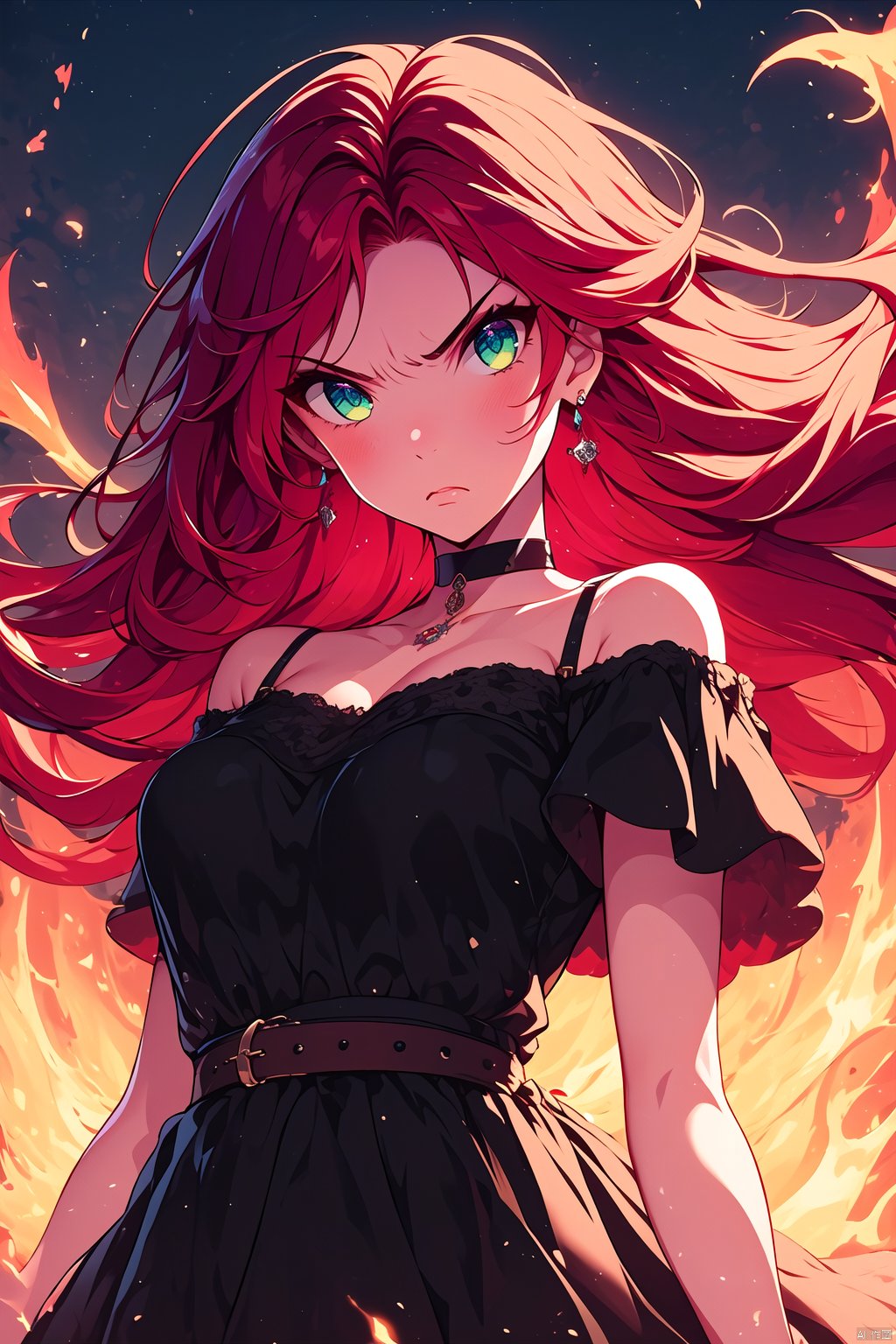  1girl, solo, long hair, dress, fire, red hair, black dress, jewelry, looking at viewer, green eyes, earrings, off-shoulder dress, choker, belt, off shoulder, floating hair, closed mouth, breasts, bare shoulders, bangs, v-shaped eyebrows, collarbone,angry