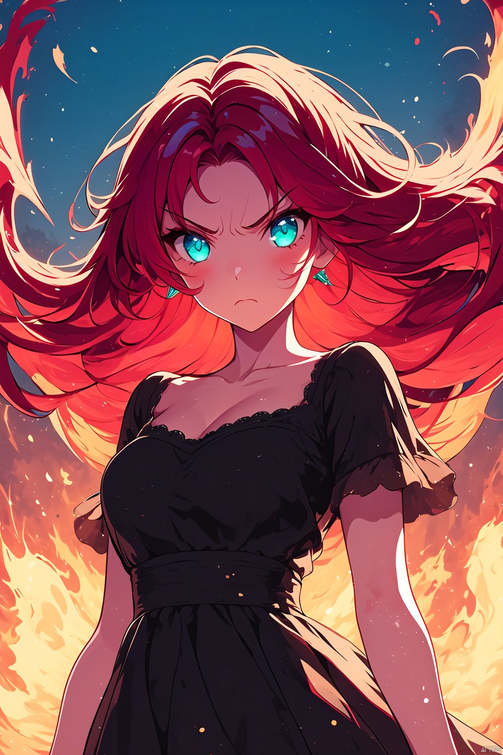  1girl, solo, red hair, long hair, dress, fire, looking at viewer, black dress, floating hair, serious, blue eyes, breasts, frown, closed mouth, v-shaped eyebrows, collarbone, short sleeves, glowing, aqua eyes