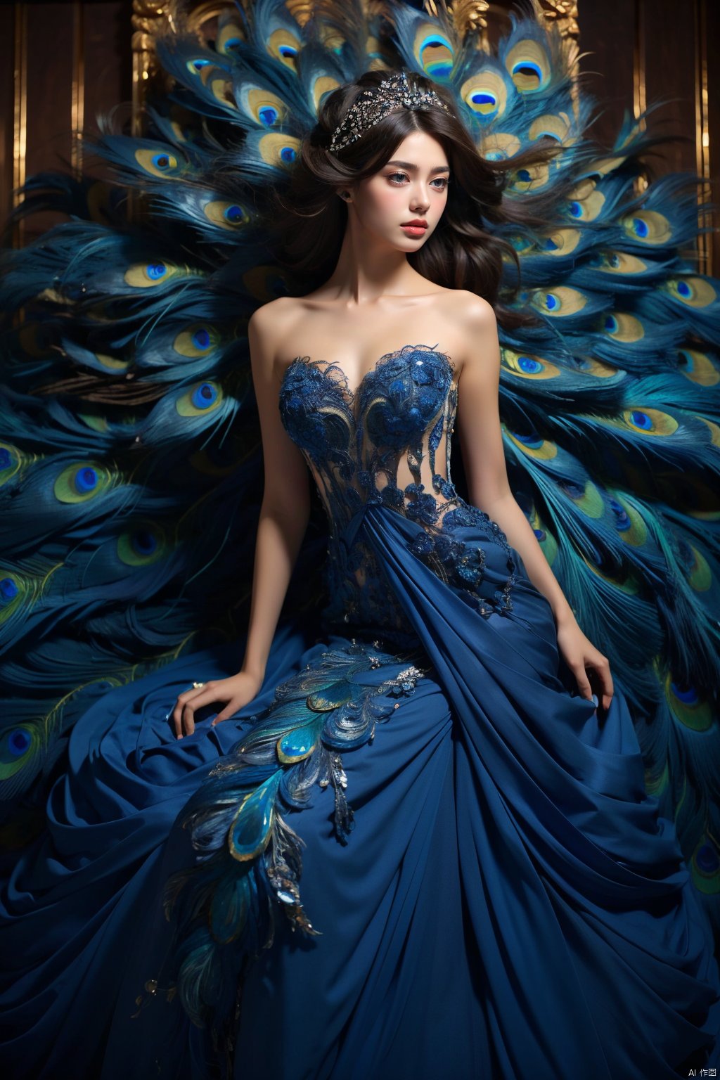  Masterpiece, best quality, bust, a girl, Peacock princess, blue dress, exquisite face, sexy, white skin, medium chest, HD photography, (Peacock) , ((poakl)), 1girl,moyou