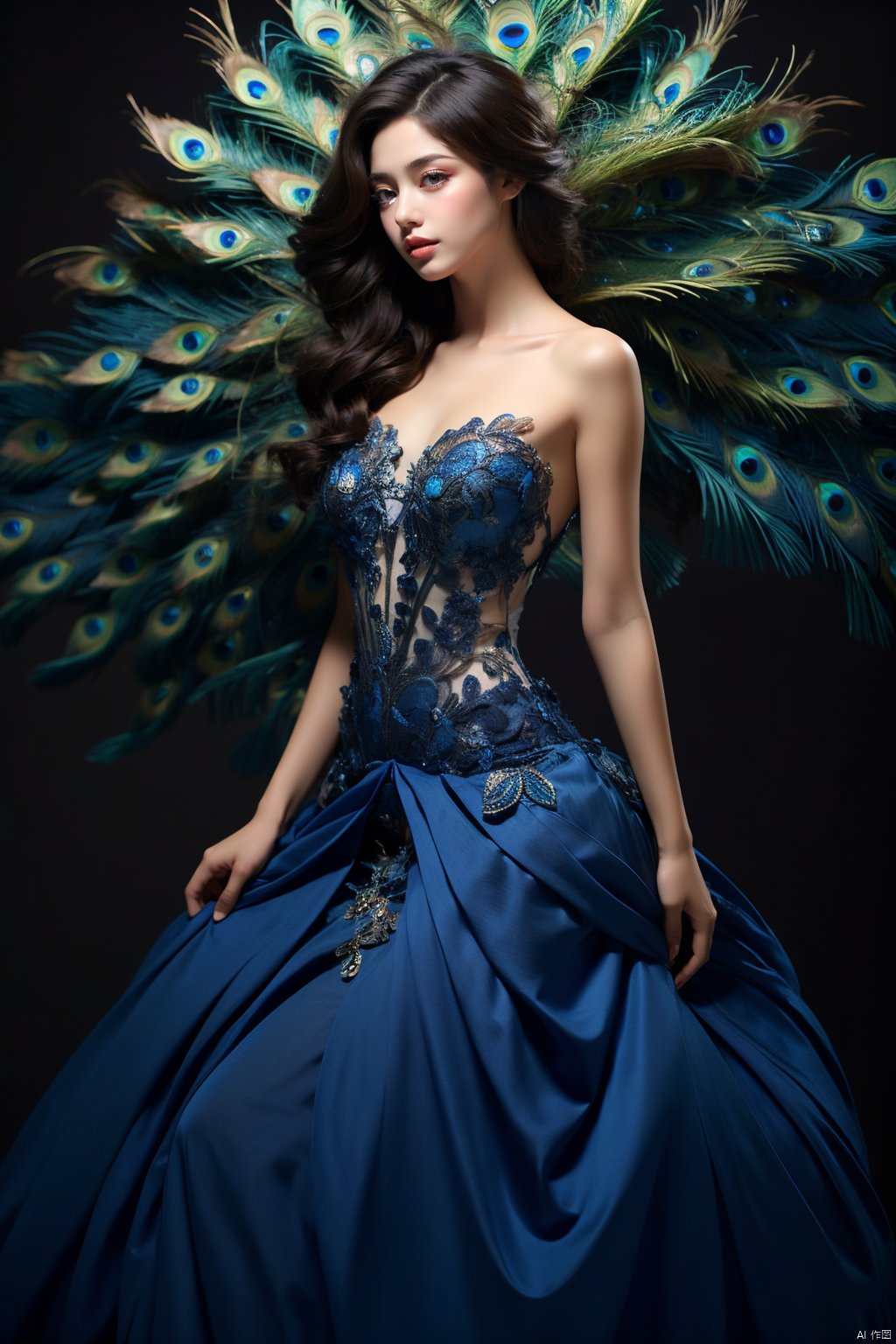  Masterpiece, best quality, bust, a girl, Peacock princess, blue dress, exquisite face, sexy, white skin, medium chest, HD photography, (Peacock) , ((poakl)), 1girl,moyou