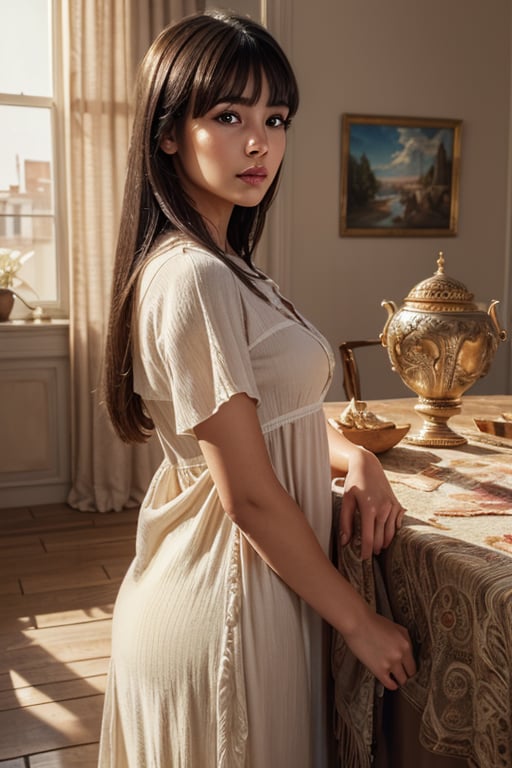 (masterpiece, top quality, best quality, official art, beautiful and aesthetic:1.2), hdr, high contrast, wideshot, 1girl, long black straight hair with bangs, from front, clearly brown eyes, longfade eyebrow, soft make up, ombre lips, young wife, (modern housewife theme:1.5), finger detailed, background detailed, ambient lighting, extreme detailed, cinematic shot, realistic ilustration, (soothing tones:1.3), (hyperdetailed:1.2),tt_e7,MM_v2,Nicole_A,pp_v3