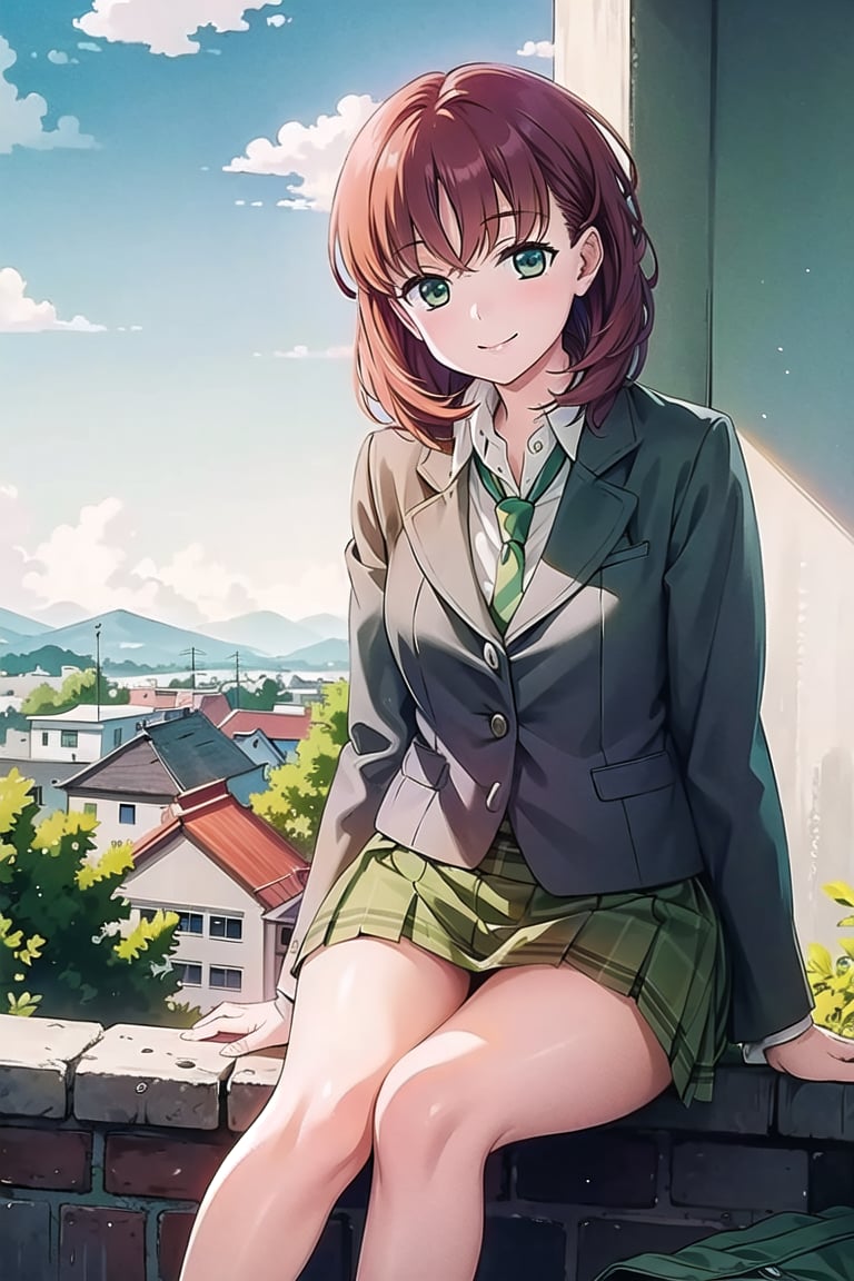 (masterpiece:1.3),best quality, (sharp quality),  Red brown hair, short hair, high school girls,Yellow -green tie,  Gray school uniform,Yellow -green skirt,, mini skirts, check skirt,Beautiful scenery, blue sky, white clouds,alone,The best smile,School stairs, sitting,