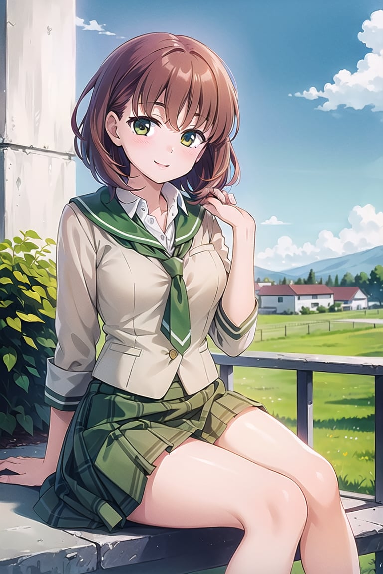 (masterpiece:1.3),best quality, (sharp quality),  Red brown hair, short hair, high school girls,Yellow -green tie,  Gray school uniform,Yellow -green skirt,, mini skirts, check skirt,Beautiful scenery, blue sky, white clouds,alone,The best smile,School stairs, sitting,