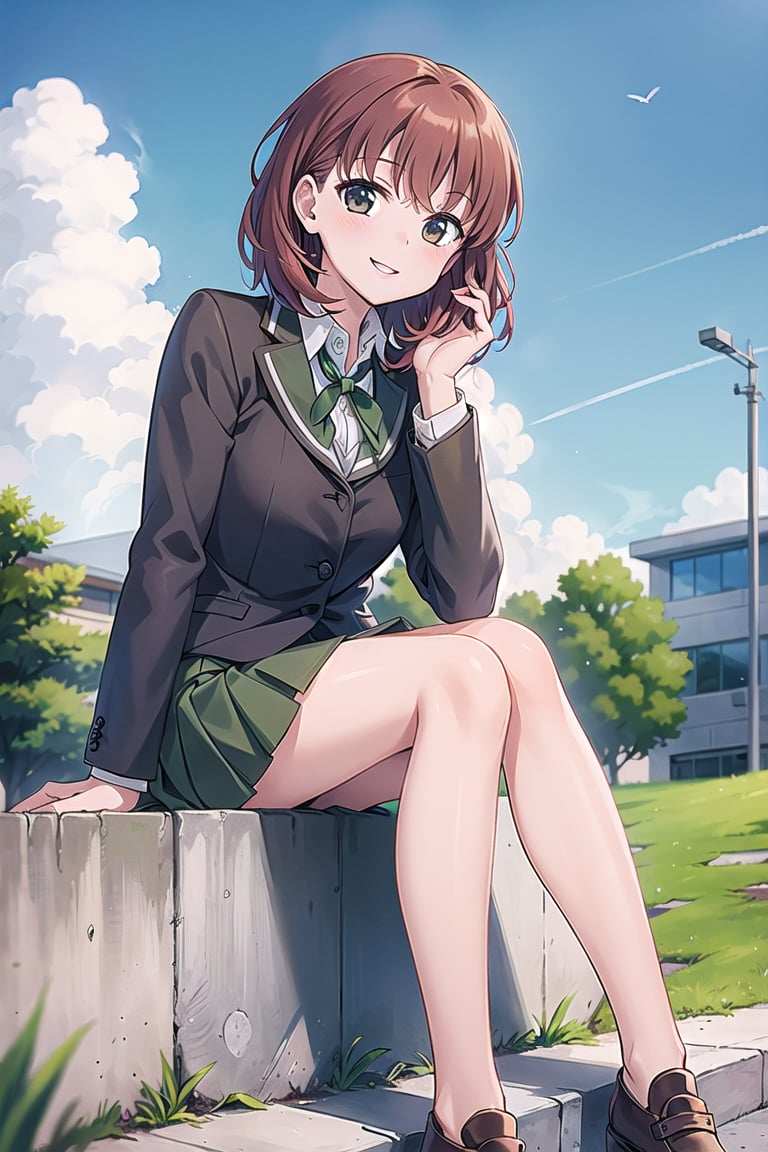 (masterpiece:1.3),best quality, (sharp quality),  Red brown hair, short hair, high school girls,  Gray school uniform, green skirt, mini skirts, check skirt,Beautiful scenery, blue sky, white clouds,alone,The best smile,School stairs, sitting,