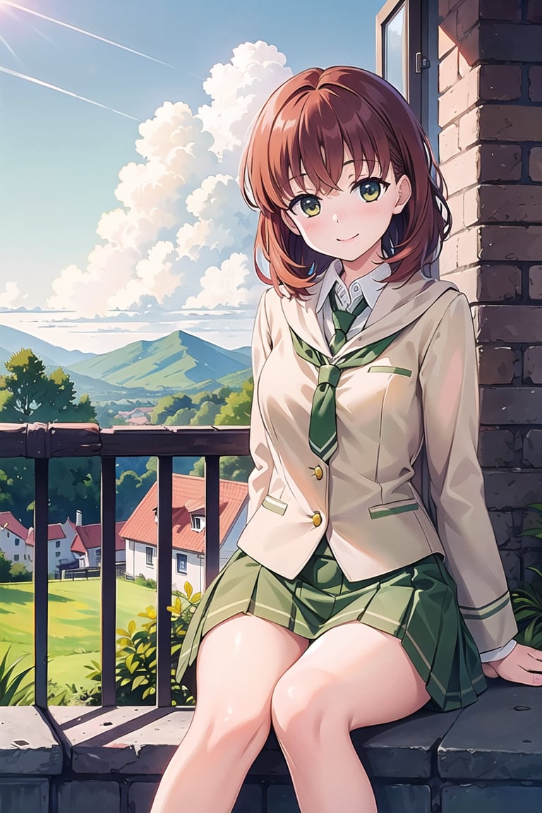 (masterpiece:1.3),best quality, (sharp quality),  Red brown hair, short hair, high school girls,Yellow -green tie,  Gray school uniform,Yellow -green skirt,, mini skirts, check skirt,Beautiful scenery, blue sky, white clouds,alone,The best smile,School stairs, sitting,