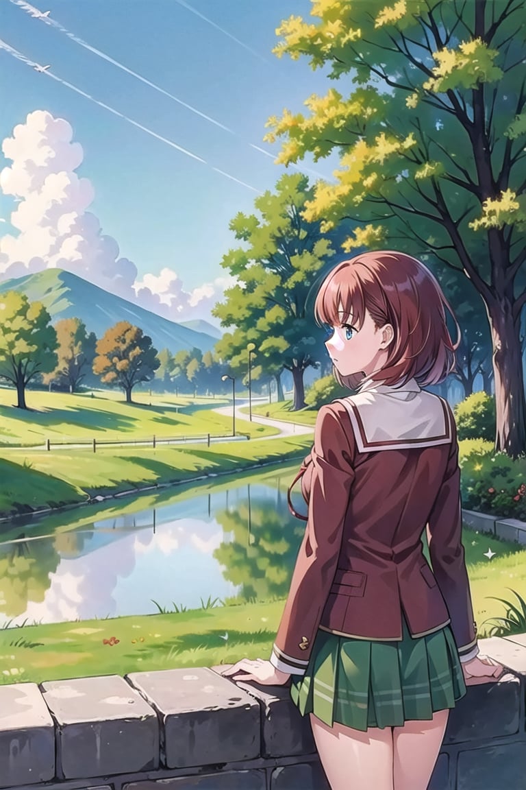 (masterpiece:1.3),best quality, (sharp quality),  Red brown hair, short hair, high school girls, uniforms, mouse color uniforms, green skirt, mini skirts, check skirt,Beautiful scenery, seaside parks, blue sky, white clouds,alone