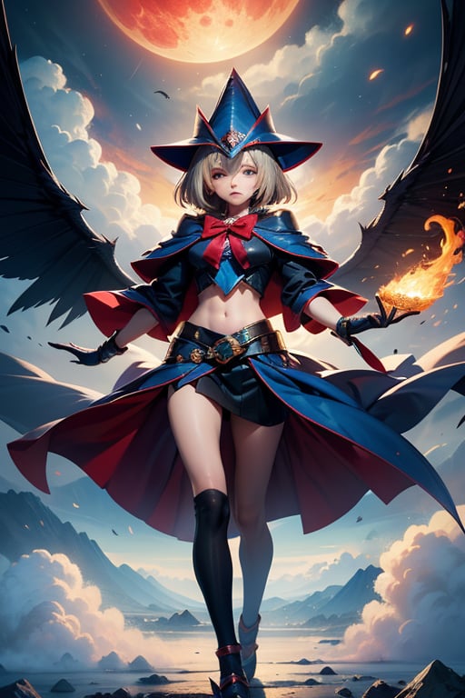 (((masterpiece))),best quality, illustration,beautiful detailed glow,(beautiful detailed eyes), (dark magician girl:1.1),big forhead,flower,large top sleeves,Floating ashes, Beautiful and detailed explosion, red moon, fire,Fire cloud, Wings on fire, a cloudy sky, smoke of gunpowder, burning, black dress, (beautiful detailed eyes),expressionless,beautiful detailed white gloves, Dove of peace, (floating cloud:1.2),azure hair,disheveled hair,long bangs, hairs between eyes, black kneehighs, black ribbon,white bowties,midriff,{{{half closed eyes}}},