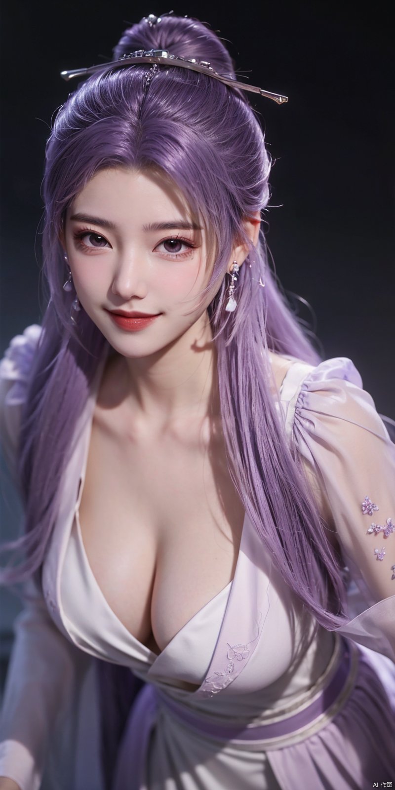  cowboy_shot,(Good structure), DSLR Quality,Depth of field,kind smile,looking_at_viewer,Dynamic pose, 
yunxiao, 1girl, purple hair, long hair, hair ornament,  , solo, dress, earrings, jewelry, hair bun