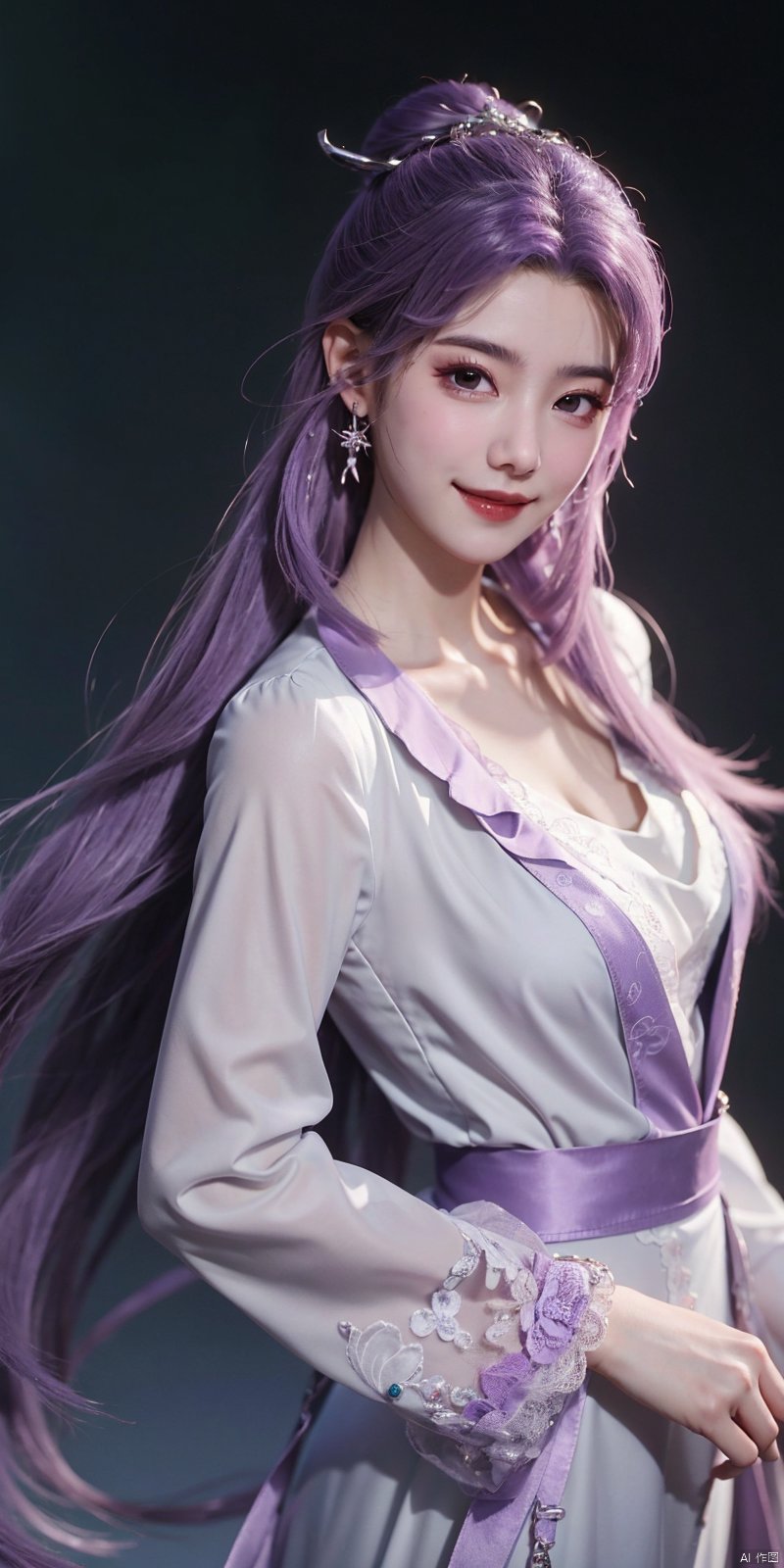  cowboy_shot,(Good structure), DSLR Quality,Depth of field,kind smile,looking_at_viewer,Dynamic pose, 
yunxiao, 1girl, purple hair, long hair, hair ornament,  , solo, dress, earrings, jewelry, hair bun