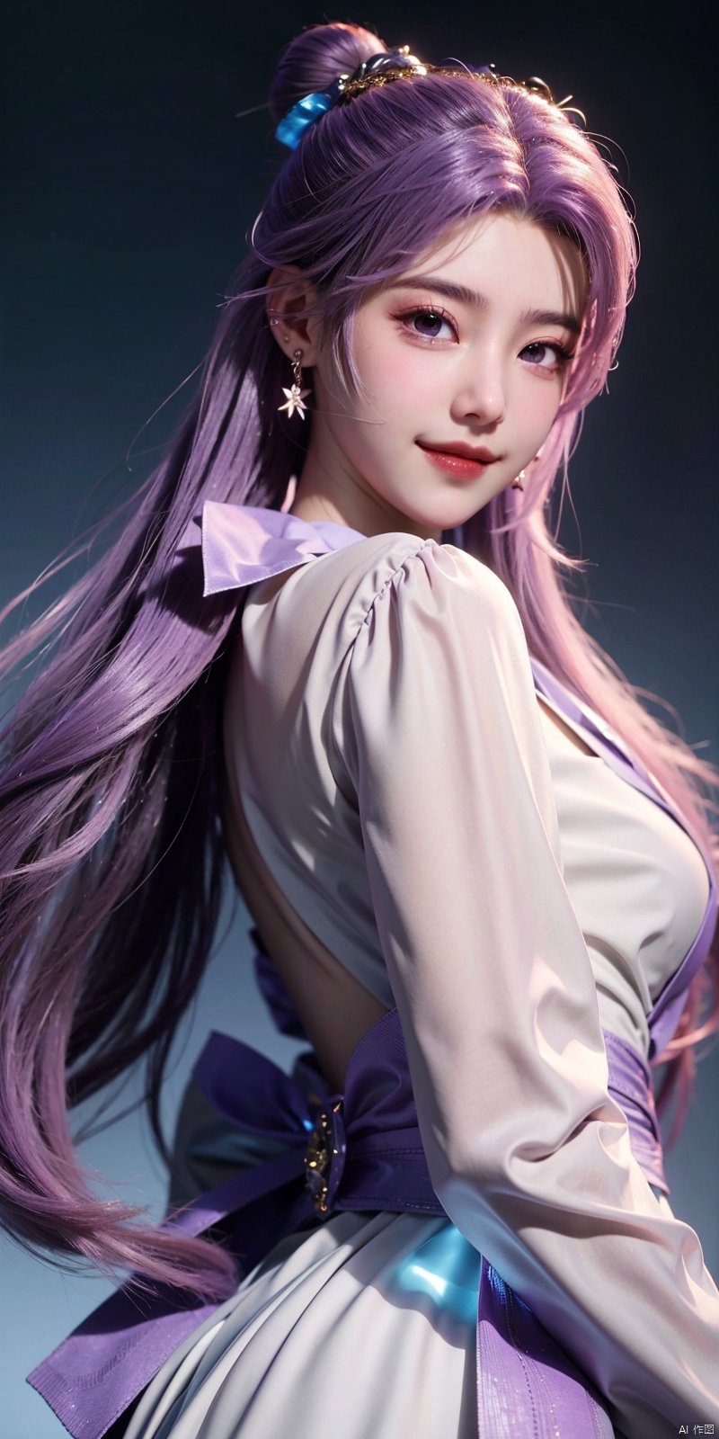  cowboy_shot,(Good structure), DSLR Quality,Depth of field,kind smile,looking_at_viewer,Dynamic pose, 
yunxiao, 1girl, purple hair, long hair, hair ornament,  , solo, dress, earrings, jewelry, hair bun