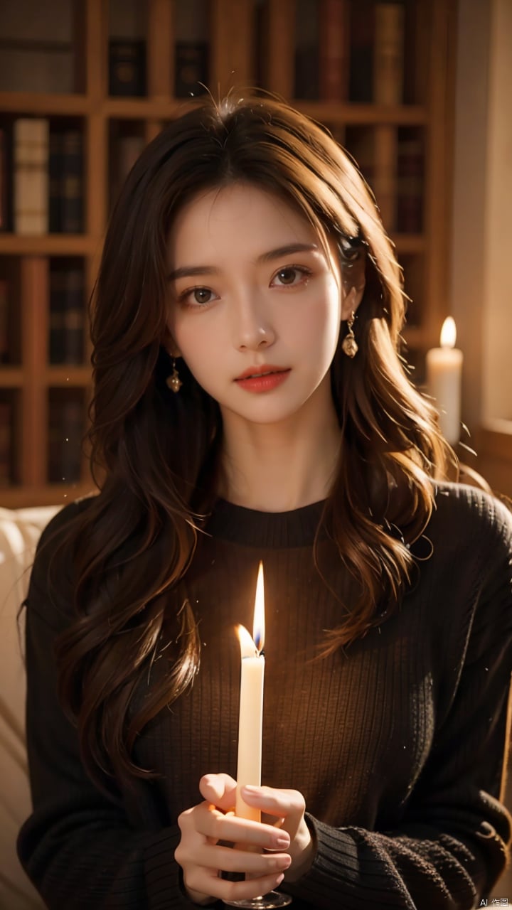  xxmix_girl,a woman with long hair and a black sweater is holding a candle in her hand and looking at the camera,