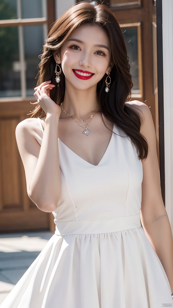  1girl, solo, looking at viewer, smile, black hair, dress, jewelry, teeth, necklace, white dress, grin, black eyes, makeup, lipstick, realistic