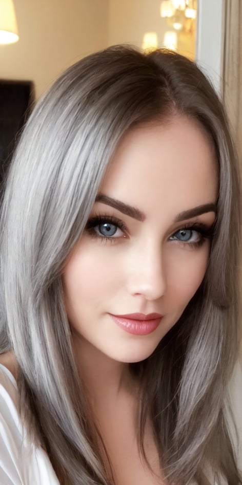 A cute women,36yo, full body image,  White long Hairs, platinum step cut hairs, 
She has soft shiny clear skin, beautiful elegant face, pale grey whitish eyes, parted lips, Seductive looks, giving her a playful and endearing appearance. With bright, curious eyes and a gentle demeanor,Mautre Women
Standing in the 5 star hotal loby. ,Mautre Women,Beautiful Women,BrgEy