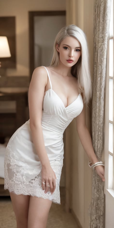 A cute women,36yo, full body image,  White long Hairs, platinum step cut hairs, 
She has soft shiny clear skin, beautiful elegant face, pale grey whitish eyes, parted lips, Seductive looks, giving her a playful and endearing appearance. With bright, curious eyes and a gentle demeanor,Mautre Women
Standing in the 5 star hotal loby. ,Mautre Women,Beautiful Women,BrgEy