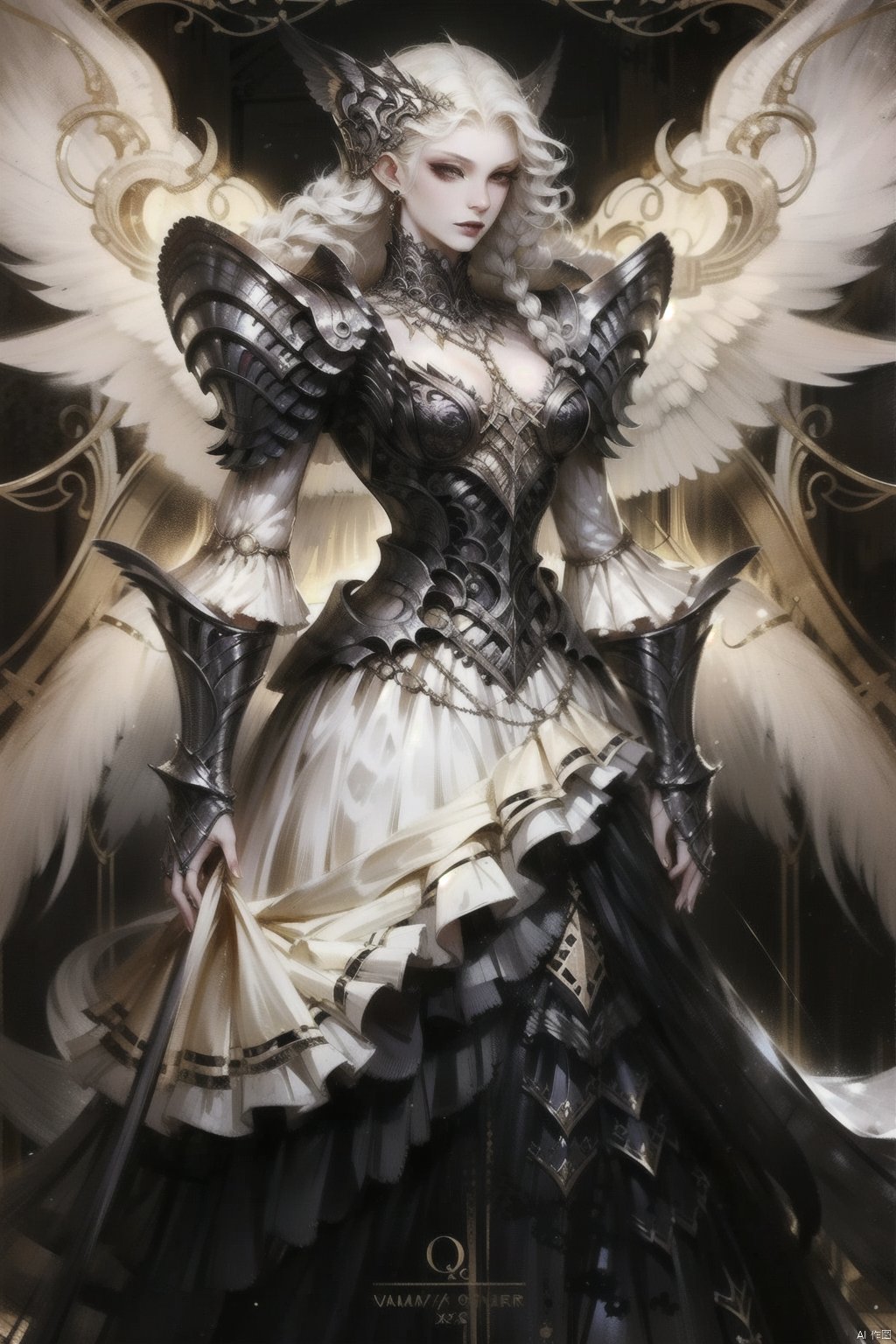 qzsx, 1girl, solo, wings, long hair, dress, armor, jewelry