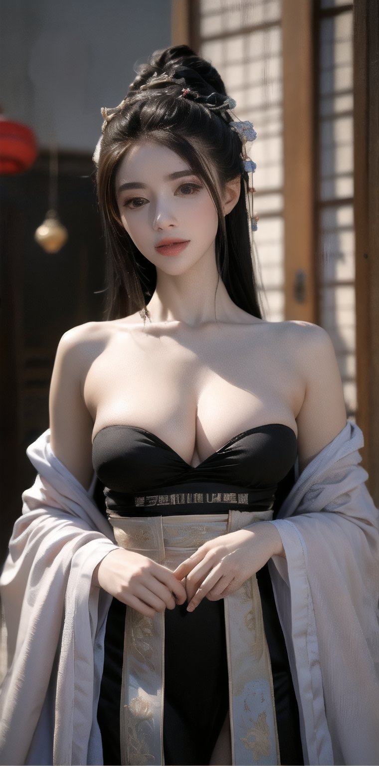 (ultra realistic,best quality),photorealistic,Extremely Realistic, in depth, hubggirl, cinematic light,
hubgwomen,Hime cut,long black hair,,detailed skin,detailed face,
simple background, hips,smiling,realism,realistic,raw,analog,portrait,32yo lady, hourglass_figure,HanFu,gufeng