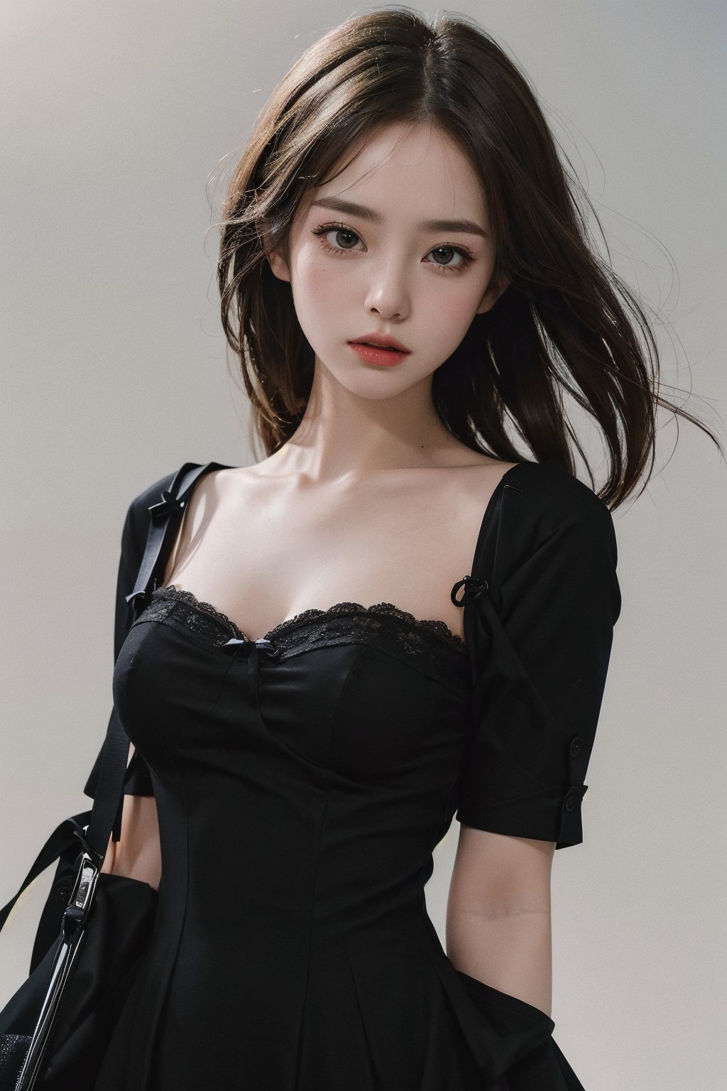 8k, best quality, masterpiece, realistic, ultra detail, photo realistic, Increase quality, look at viewer, soft expression, simple_background, 2 straped black mini dress,fashion