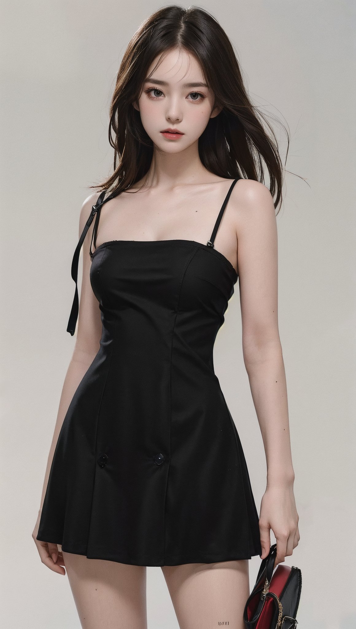 8k, best quality, masterpiece, realistic, ultra detail, photo realistic, Increase quality, look at viewer, soft expression, simple_background, 2 strap black short dress,fashion