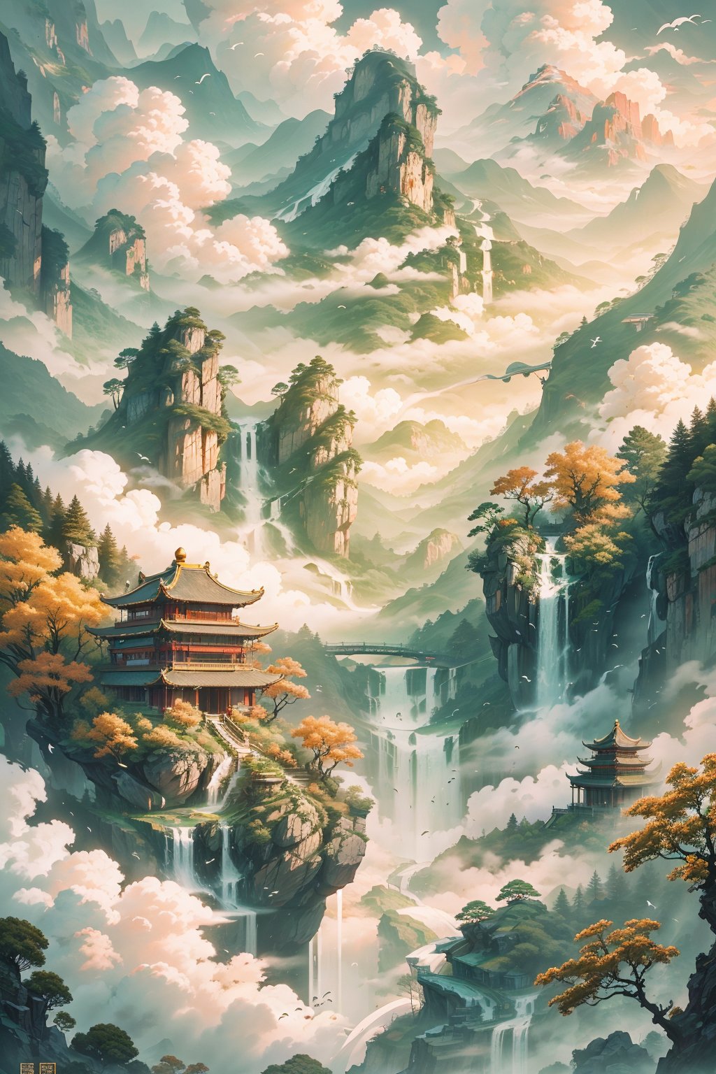 scenery, tree, water, architecture, Lushan, mountain, cloud, bird, nature, masterpiece, best qualitylandscape