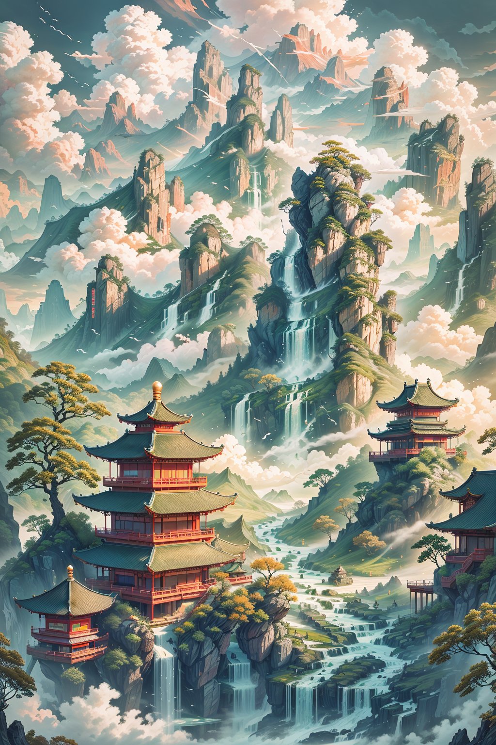 waterfall, scenery, tree, architecture, no humans, water, outdoors, east asian architecture, pagoda, bird, mountain, cloud, nature, building, day, sky, masterpiece, best quality