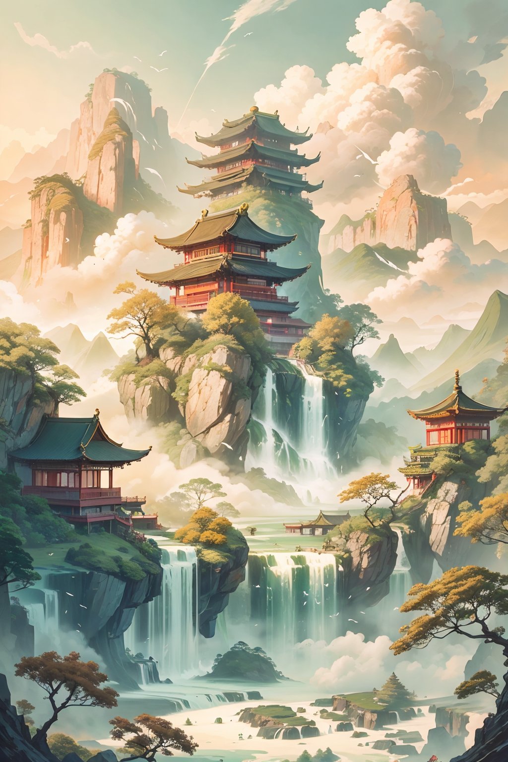 waterfall, scenery, tree,no humans, water, outdoors, east asian architecture, pagoda, bird, mountain, cloud, nature, building, day, sky, masterpiece, best quality