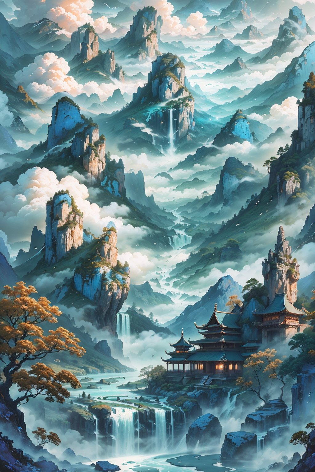 (blue theme:1.3), scenery, tree, water, architecture, mountain, cloud, bird, nature, masterpiece, best qualitylandscape