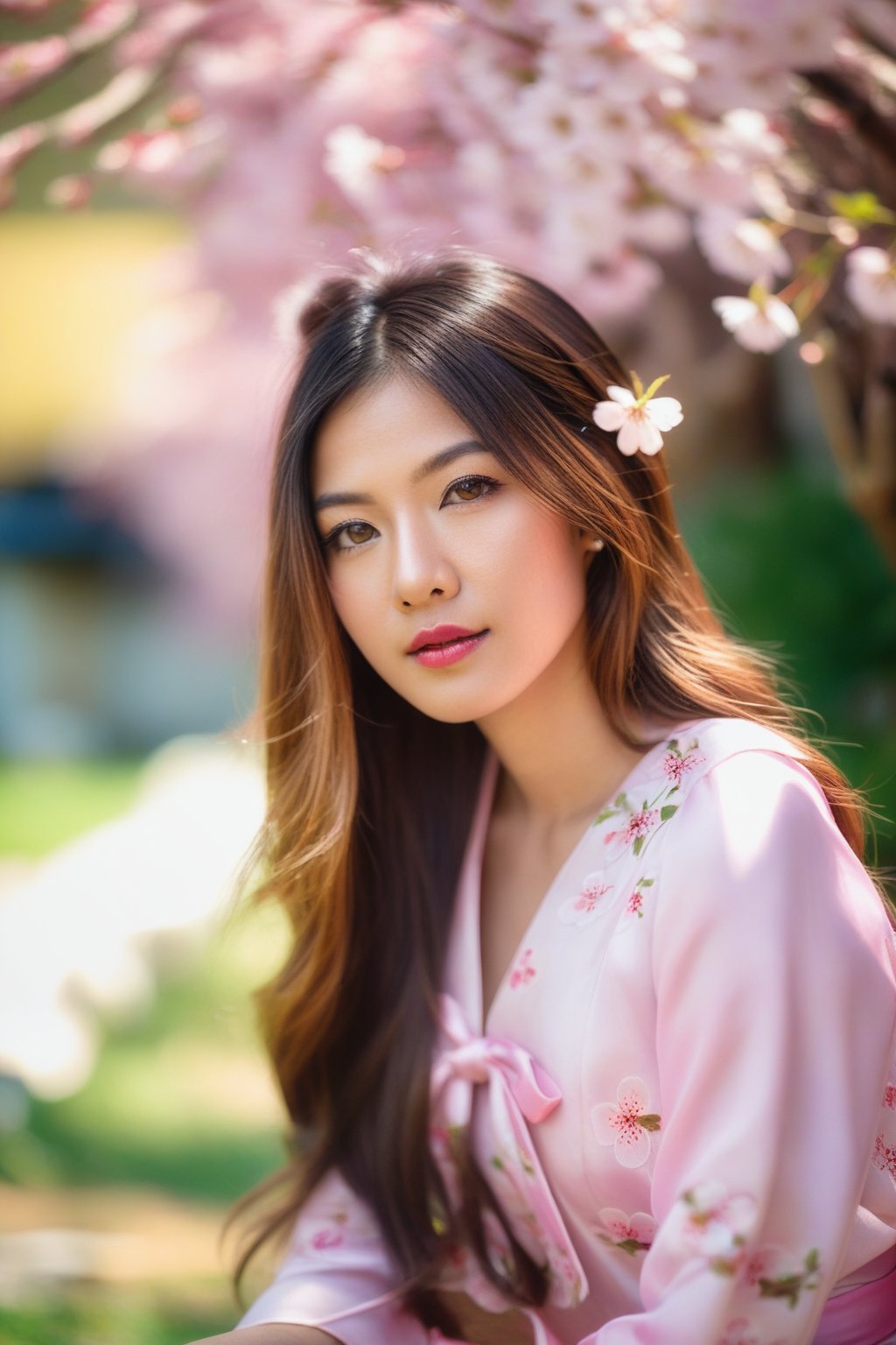 photo, realistic:1.3, film grain, RAW, (cinematic:1.2),(portrait), head shot,  detailed skin features, 1 Thaigirl  thgirl, long  hair , hair bang ,tie hair ,
pink dress flower detail ,holding pink cherry blossoms, (cherry blossoms on background:1.2),
look at viewer, fashion photography, 
sitting by cherry blossoms garden  , ((bokeh)),
rim light , dynamic shadow ,thgirl