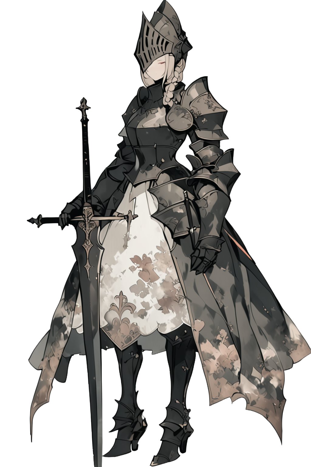 royal knight, 1girl, armor, full body, gauntlets, standing, hand on hilt, boots, dress, sheath, closed mouth, shoulder armor, braid, helmet, knight, breastplate, high heel boots, sheathed, pauldrons, planted, armored dress, faulds, black footwear, holding weapon, masterpiece, best quality, aesthetic,