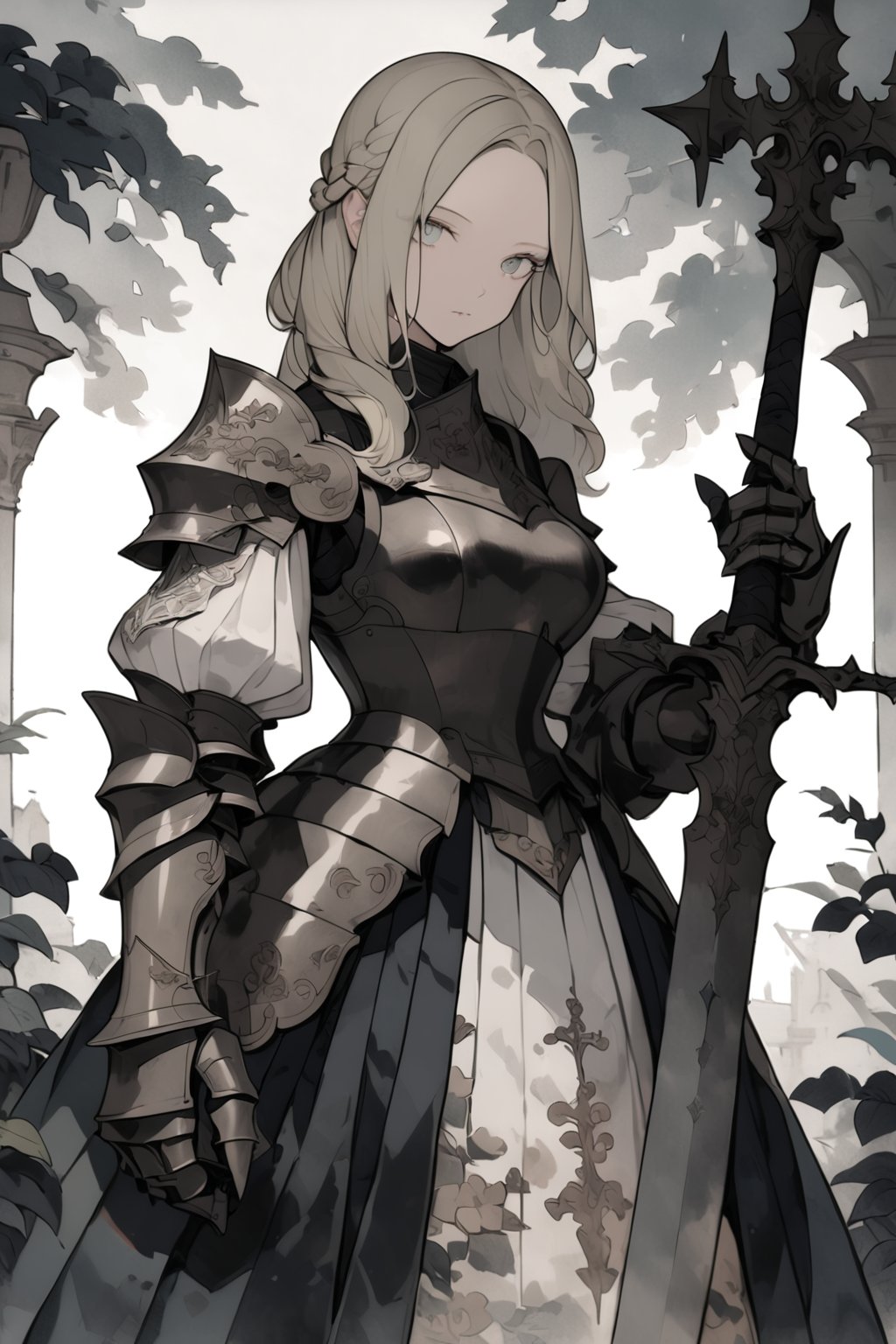 royal knight, 1girl, weapon, solo, gauntlets, sword, holding, holding weapon, long hair, holding sword, armor, looking at viewer, blonde hair, skirt, closed mouth, puffy sleeves, blue eyes, breasts, braid, huge weapon, standing, grey eyes, dress, royal garden, outdoors, 
masterpiece, best quality, aesthetic,