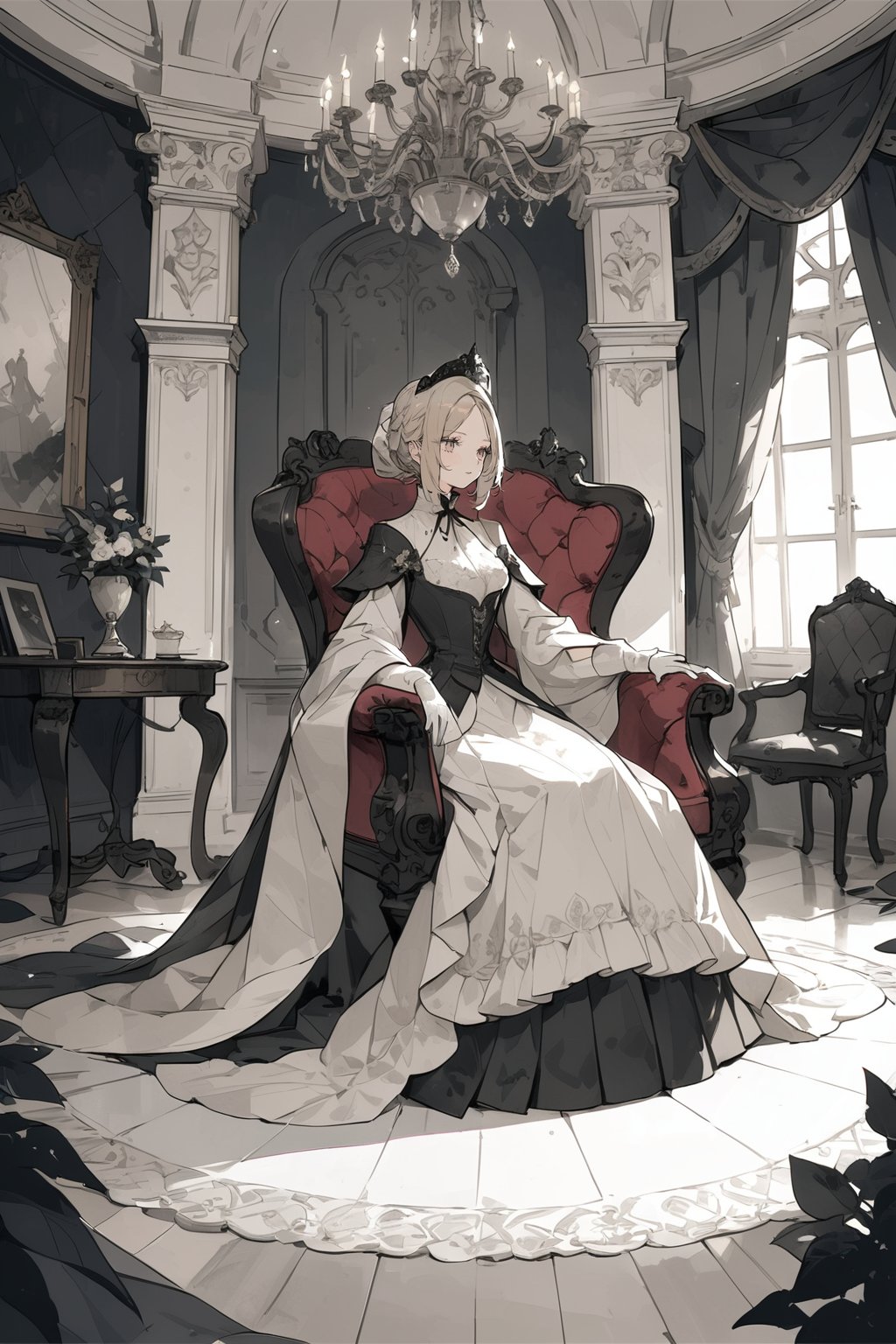 royal knight, 1girl, sitting,full body, simple background, Aristocratic Residence, indoors, 
masterpiece, best quality, aesthetic,