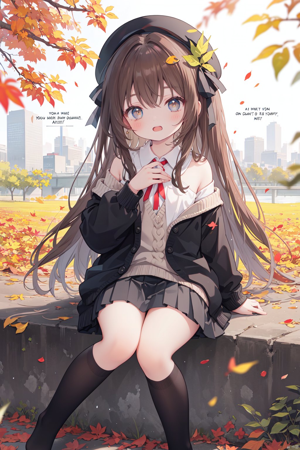 1girl, smile, pleated skirt,solo, long hair, off shoulder, brown eyes, autumn leaves,open mouth, (puffy long sleeves), beret, brown hair, puffy sleeves, open cardigan, autumn, hair ribbon, maple leaves, outdoors,falling leaves,(from below,wide shot,panorama,depth of field,full body,mid shot,English text),(hand on chests),sitting,tilt,