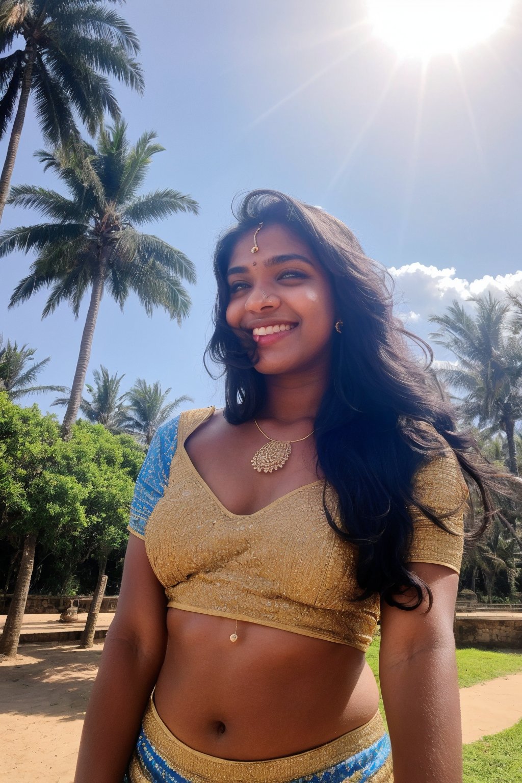 Brown skin, lovely cute young attractive  girl, blue eyes, navel , gorgeous actress, 21 years old, cute, an Instagram model, long hair, black hair, Indian, weaaring blouse, ear rings,looking hot, under sunlight, looking on sky,