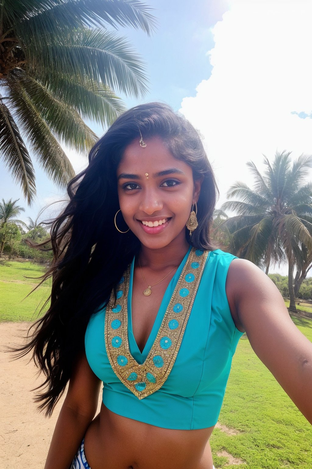 Brown skin, lovely cute young attractive  girl, blue eyes, navel , gorgeous actress, 21 years old, cute, an Instagram model, long hair, black hair, Indian, weaaring blouse, ear rings,looking hot, under sunlight, looking on sky,