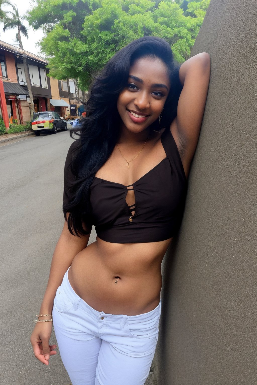 Brown skin, lovely  sexy young attractive  girl, blue eyes, navel, 21 years old, clevage, an Instagram model, long hair, black hair, seducing pose, weaaring blouse, ear rings,looking hot, ,CyberpunkWorld