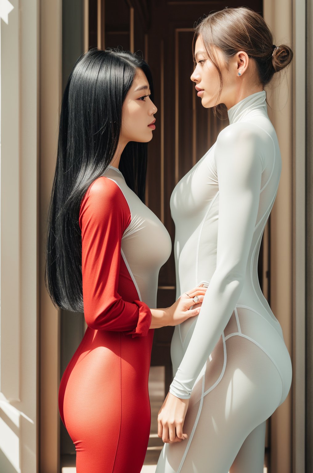 (RAW photo, best quality), (realistic, photo-Realistic:1.1), best quality, masterpiece, ultra realistic illustration, siena natural ratio,	(urban fantasy theme:1.1),	2girls; left girl is asian black hair wear red rubbersuit; right girl is white germany girl, tall, golden hair wear translucent rubbersuit; lesbian Tribadism, difference dress, difference face, realistic, detail face, lips,  bright room,   pubic hair,
rubbersuit,bodysuit,photorealistic,Tribadism,rubbersuit02