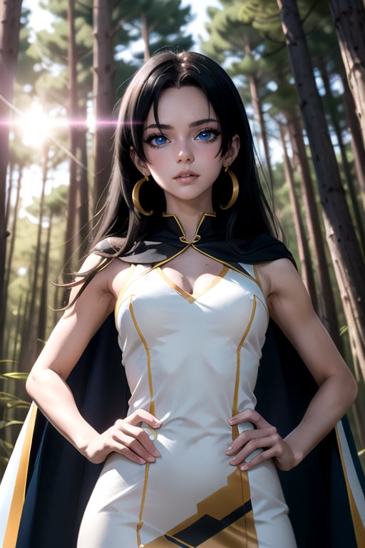 1woman, black hair, long hair, intense blue eyes, beautiful, standing in a forest, (viewed from below), ((looking at camera)), High dynamic range, Lens Flares, hands on hips, boa hancock,anime art, snake earings style, thight sleeveless long dress, shoulder_cape,anime