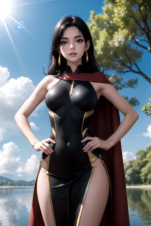 1woman, black hair, long hair,, beautiful, standing in lake, lifting dress, (viewed from below), ((looking at camera)), High dynamic range, Lens Flares, hands on hips, boa hancock,anime art, snake earings style, thight sleeveless long dress, shoulder_cape