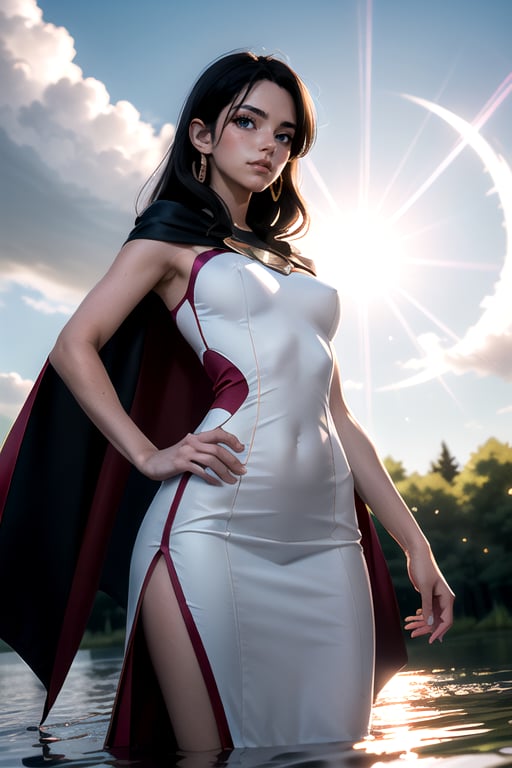 1woman, black hair, long hair,, beautiful, standing in lake, lifting dress, (viewed from below), ((looking at camera)), High dynamic range, Lens Flares, hands on hips, boa hancock,anime art, snake earings style, thight sleeveless long dress, shoulder_cape,anime