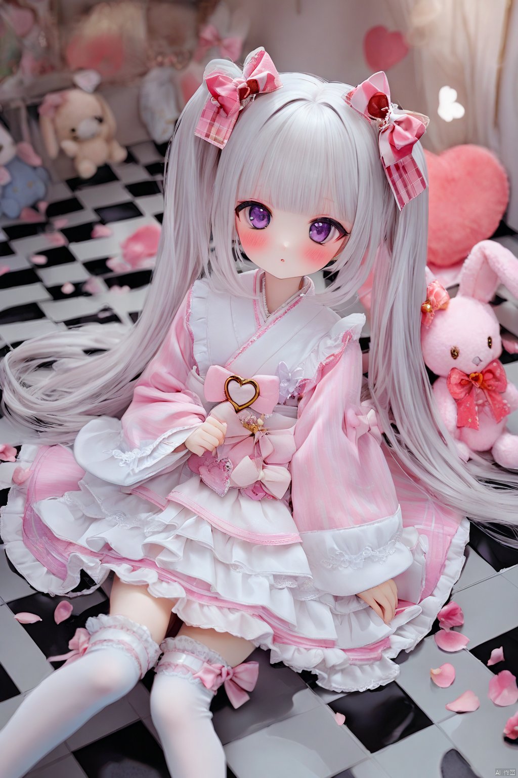 doll, loli,blush, 1girl, long hair, green eyes, kimono, purple eyes, twintails, lolita fashion, white thighhighs, frilled thighhighs,
checkered floor, stuffed toy, solo, layered dress, white hair, bow, hair bow, stuffed bunny, petals, looking at viewer,  wide sleeves, heart, frills, bangs, masterpiece, best quality