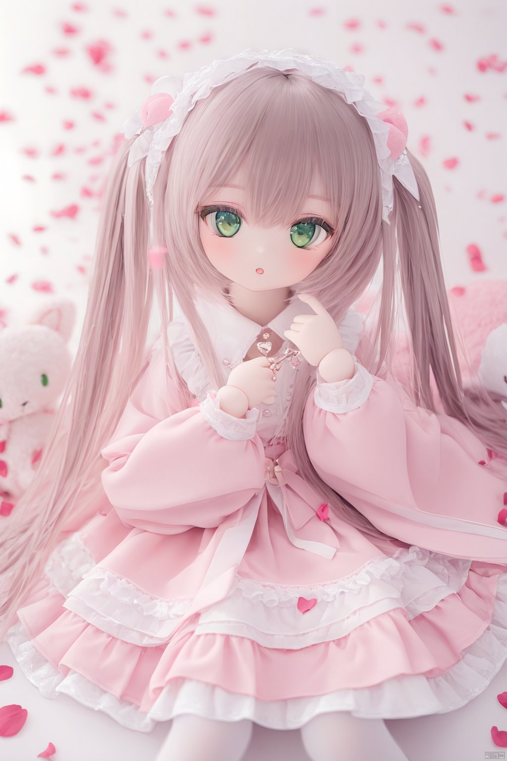 doll, 1girl, long hair, green eyes,  twintails, lolita fashion, 
pink  dress, stuffed toy, solo, layered dress, blodehair, stuffed bunny, petals, looking at viewer, hair between eyes,  wide sleeves, heart, frills, bangs, masterpiece, best quality, white pantyhose, white background, flower, depth of field, :o