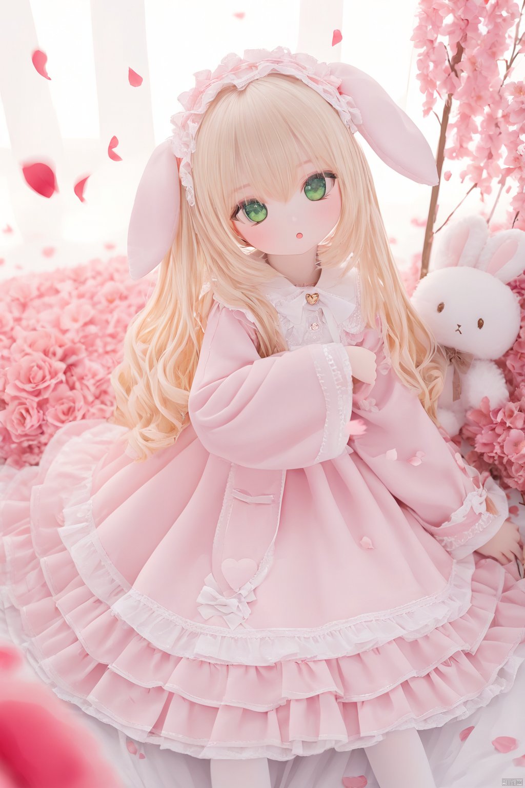 doll, 1girl, long hair, green eyes,, lolita fashion, alice in wonderland, curly hair,
pink dress, stuffed toy, solo, layered dress, blonde hair, stuffed bunny, petals, looking at viewer, hair between eyes,  wide sleeves, heart, frills, bangs, masterpiece, best quality, white pantyhose, white background, flower, depth of field, :o, depth of filed, from side,