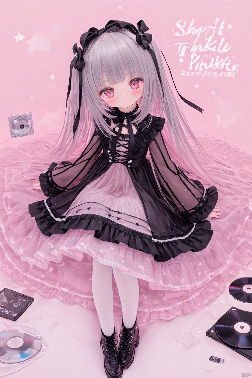  tinkle, loli, blush, 1girl, long hair, flowing, hair,
grey hair, black dress, 
layered dress, frilled dress, see-through, hair flower, hair ribbon, translucent dress, 
white pantyhose, cross-laced footwear, gothic lolita, lolita fashion,
star, lace, wide sleeves, 
masterpiece, best quality, pink theme, cd cover, text, doll