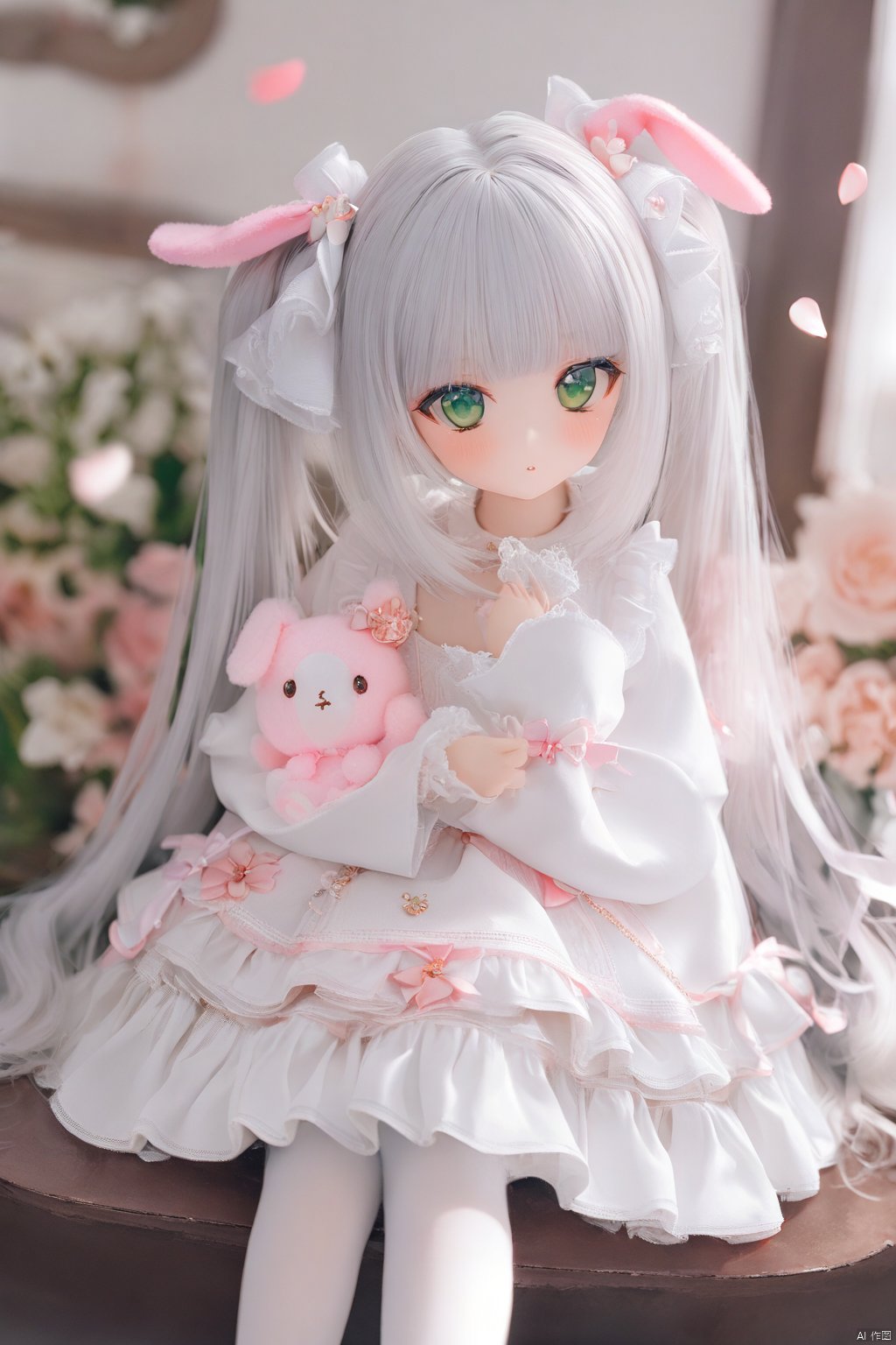 doll, 1girl, long hair, green eyes,  twintails, lolita fashion, white dress, stuffed toy, solo, layered dress,white hair, stuffed bunny, petals, looking at viewer,  wide sleeves, heart, frills, bangs, masterpiece, best quality, white pantyhose, white background, flower, depth of field