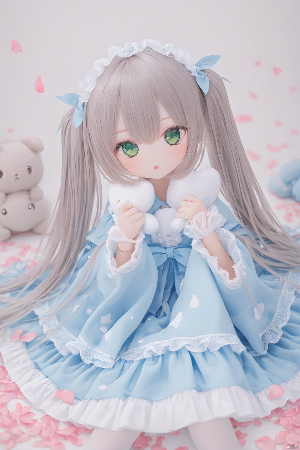 doll, 1girl, long hair, green eyes,  twintails, lolita fashion, alice in wonderland,
blue dress, stuffed toy, solo, layered dress, blodehair, stuffed bunny, petals, looking at viewer, hair between eyes,  wide sleeves, heart, frills, bangs, masterpiece, best quality, white pantyhose, white background, flower, depth of field, :o, depth of filed, close-up